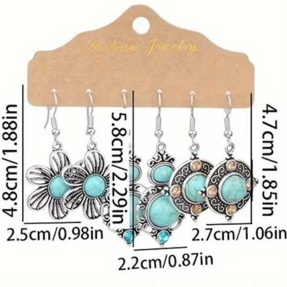 Earrings Turquoise Dangle 3pr Silver Gypsy Boho Native Southwest Stylish Trendy - Picture 2 of 2